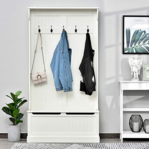HOMCOM Perchero con Banco Conjunto de Pasillo Mueble Recibidor 5 Ganchos Espacio de Almacenaje 96x34x179.7cm Blanco