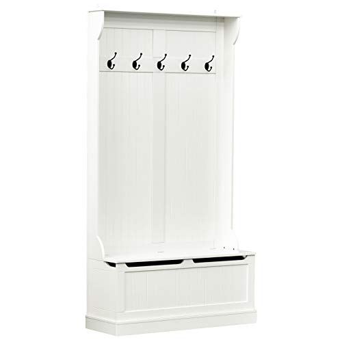 HOMCOM Perchero con Banco Conjunto de Pasillo Mueble Recibidor 5 Ganchos Espacio de Almacenaje 96x34x179.7cm Blanco