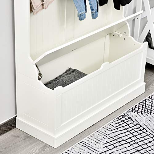 HOMCOM Perchero con Banco Conjunto de Pasillo Mueble Recibidor 5 Ganchos Espacio de Almacenaje 96x34x179.7cm Blanco