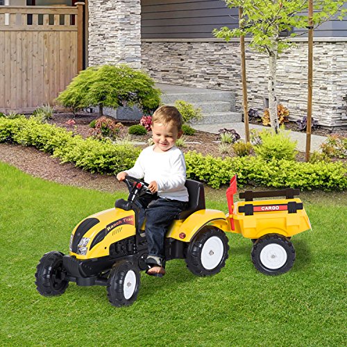 HOMCOM Tractor Pedal con Remolque para Niños 3-6 Años Juguete de Montar Coche de Pedales Carga 35kg 123x42x51cm Acero y Plástico