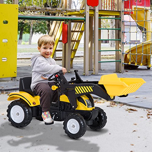 HOMCOM Tractor Pedal Excavadora Camión + Pala Delantera para Niños 3-6 Años Juguete de Montar Coche Pedales Carga 35kg 114x41x52cm Acero y Plástico