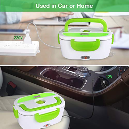 homeasy Fiambrera Eléctrica 2 en 1, Calentadores Eléctricos Portátiles para Coche y Trabajo 220V & 12V, 1.5L Termo para Comida de Acero Inoxidable, Pefecto para el Hogar,Camping y Oficina(Verde)