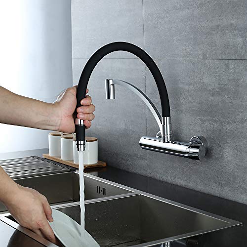 HOMELODY Grifo de Cocina de Pared Grifo Fregadero Extraible a 180° Silicona Negra de Grado Alimenticio con Aireador Desmontable Grifo de Fregadero de Latón