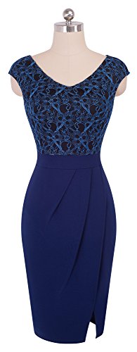 HOMEYEE Elegante con Cuello en V sin Mangas Floral Bordado Partido hasta la Rodilla Bodycon Vestido de cóctel B431(EU 42 = Size XL,Azul Oscuro)