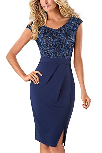 HOMEYEE Elegante con Cuello en V sin Mangas Floral Bordado Partido hasta la Rodilla Bodycon Vestido de cóctel B431(EU 42 = Size XL,Azul Oscuro)