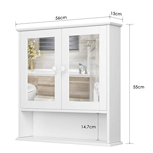 Homfa Armario de Baño con Espejo Armario de Pared Armario de Cocina o Medicina Blanco 2 Puertas y 3 Estanterías MDF 56x13x55cm