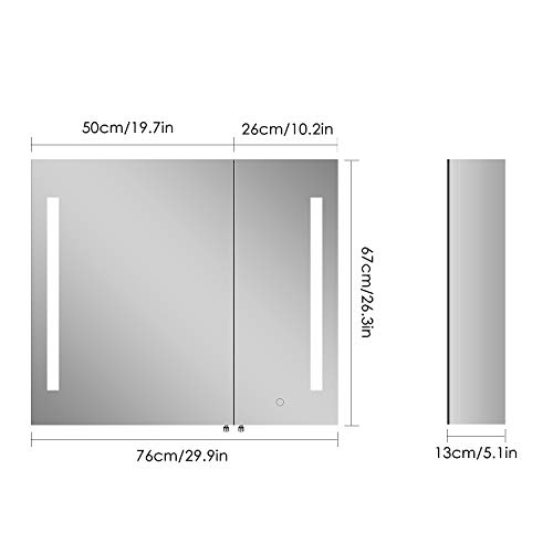 Homfa Armario de Pared Armario Baño con Espejo Armario Baño con Luz LED 2 Puertas 2 Compartimentos de Acero Inoxidable 76x67x13cm