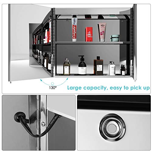 Homfa Armario de Pared Armario Baño con Espejo Armario Baño con Luz LED 2 Puertas 2 Compartimentos de Acero Inoxidable 76x67x13cm