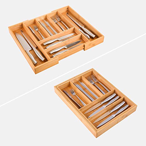 Homfa Bandeja para Cubiertos Organizador para Cubiertos Portacubiertos con 7 Compartimientos de Bambú (30-50) x40x6.5cm