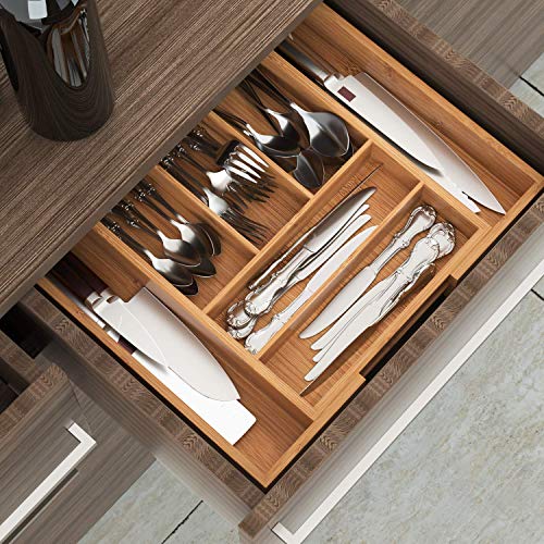 Homfa Bandeja para Cubiertos Organizador para Cubiertos Portacubiertos con 7 Compartimientos de Bambú (30-50) x40x6.5cm