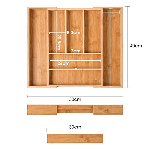 Homfa Bandeja para Cubiertos Organizador para Cubiertos Portacubiertos con 7 Compartimientos de Bambú (30-50) x40x6.5cm