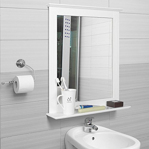 Homfa Espejo de Pared Espejo Baño Espejo Colgante para Dormitorio Baño Madera con 1 Balda Blanco 50X12X60cm