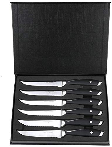 homgeek Cuchillos de Carne, Juego de 6 Cuchillos de Mesa de Acero Inoxidable, Cuchillos de Mesa de Alta Calidad, Cuchillos de Filete Cuadrado Estilo Alemán con Mango de Ergonómico, Cuchillos Cocina