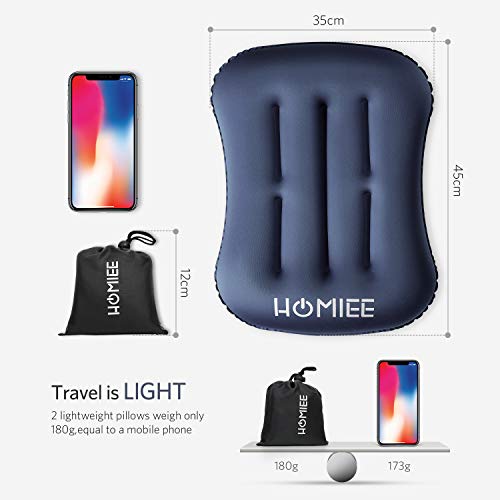 HOMIEE Almohada Inflable, de Espuma Viscoelástica, Almohada Hinchable Portátil para Viaje, Senderismo, Camping, Playa, con Bolsa con Cordón (Z Verde+Azúl)