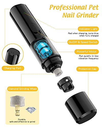 Hommie Cortauñas para Perros y Gatos, Lima de Uñas Eléctrica Mascotas de 2 Velocidades-6500/8500RPM, Cortauñas Profesional de 40db,14H Batería Durable Recargable,3 Puertos para Diferentes Mascotas