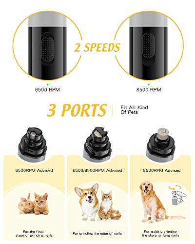 Hommie Cortauñas para Perros y Gatos, Lima de Uñas Eléctrica Mascotas de 2 Velocidades-6500/8500RPM, Cortauñas Profesional de 40db,14H Batería Durable Recargable,3 Puertos para Diferentes Mascotas