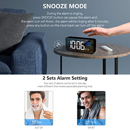 HOMVILLA Reloj Despertador Digital con Pantalla LED de Temperatura, Alarma de Espejo Portátil con Alarma Doble Tiempo de Repetición 4 Niveles de Brillo Regulable 13 Música Despertadores Digitales