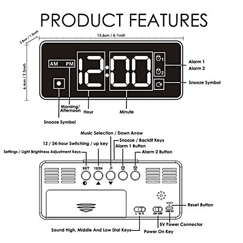 HOMVILLA Reloj Despertador Digital, Relojes con Pantalla LED de 4.6 con Alarma Dual, Puerto de Carga USB 12/24 Horas Brillo Ajustable Función de Repetición 25 Música, para Dormitorio Oficina y Viajes