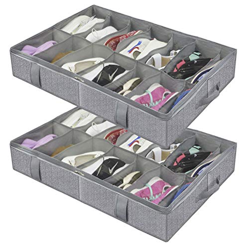 homyfort Juego de 2 Organizador de Zapatos Debajo de la Cama - Titular de la Zapata Bolsas organizadoras de Zapatos con Tapa Transparente 12 Pares x 2 Caja Plegable de Almacenaje, Gris Lino, XDUBSB2P