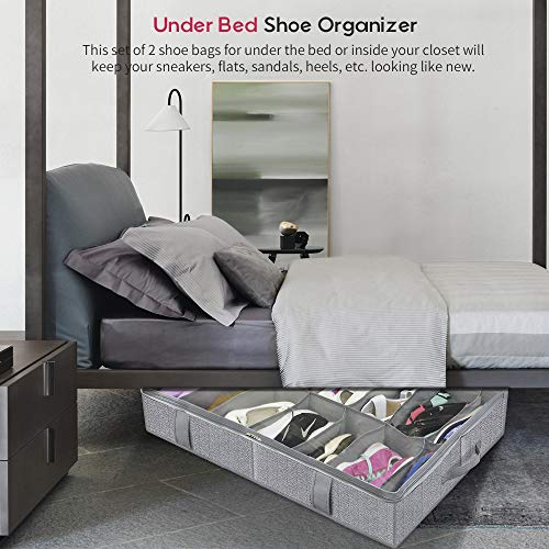 homyfort Juego de 2 Organizador de Zapatos Debajo de la Cama - Titular de la Zapata Bolsas organizadoras de Zapatos con Tapa Transparente 12 Pares x 2 Caja Plegable de Almacenaje, Gris Lino, XDUBSB2P