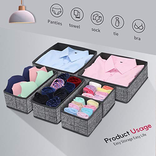 homyfort Juego de 6 organizadores de cajones de Tela, Organizadores de Ropa Interior, Separadores de cajones para Guardar Calcetines, Ropa Interior o Accesorios de bebé, Negro Lino, XACB6P
