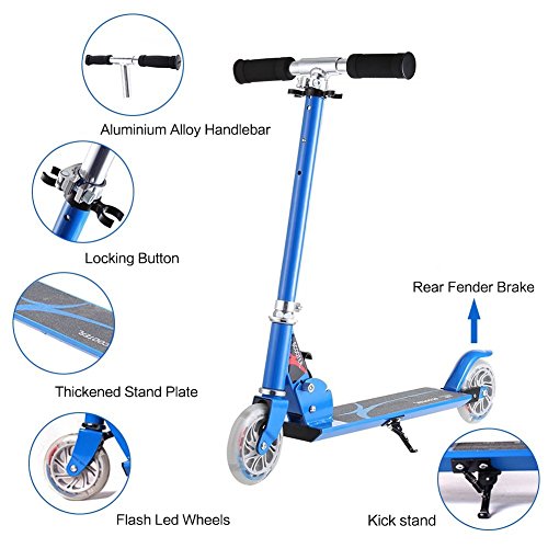 Honkid Patinete Aluminio con 2 Ruedas - Scooter Patinete Plegable 85cm Altura Ajustable para niños de 3-12 años de Edad, Azul