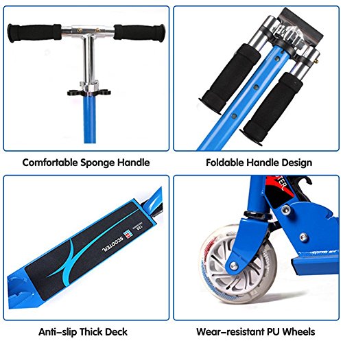 Honkid Patinete Aluminio con 2 Ruedas - Scooter Patinete Plegable 85cm Altura Ajustable para niños de 3-12 años de Edad, Azul