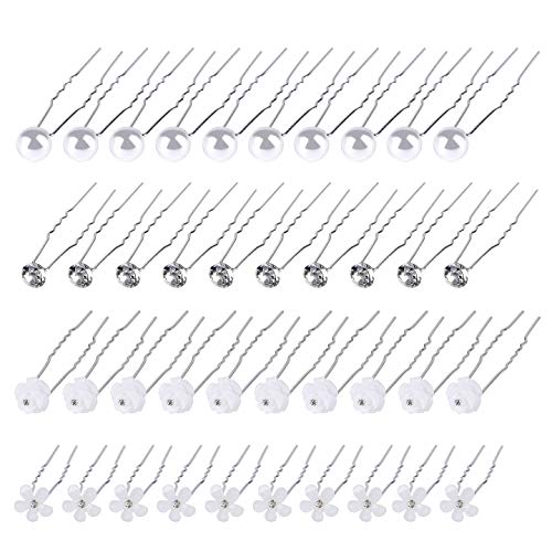 Horquillas para el Pelo con Flores y Perlas de Diamantes Pinzas para el Cabello en Forma de U Novia Pasadores de Pelo Flor Accesorios de Fiesta de Bodas Nupcial ,Blanco 40 piezas