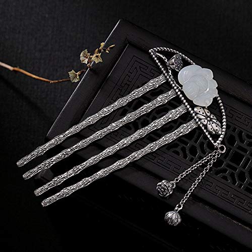 Horquillas Peinetas hechas a mano de la vendimia Peinados para el cabello de jade natural de Hetian Joyas para el cabello de plata Borla de flores Horquillas para el cabello Accesorios Pelo Accesorios