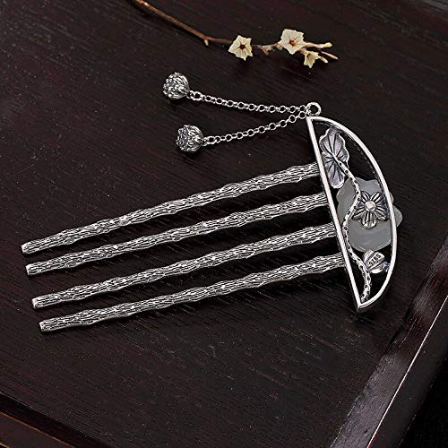 Horquillas Peinetas hechas a mano de la vendimia Peinados para el cabello de jade natural de Hetian Joyas para el cabello de plata Borla de flores Horquillas para el cabello Accesorios Pelo Accesorios