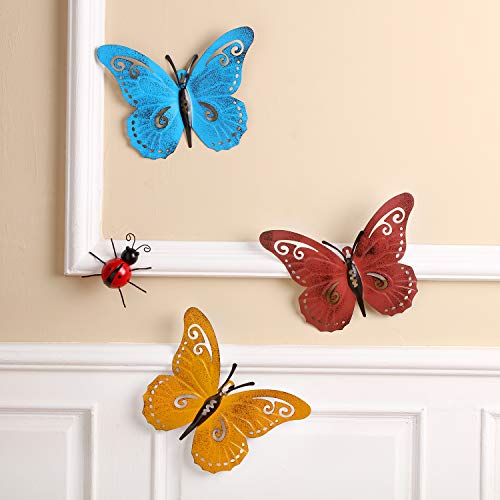 Hotop 4 Piezas Arte de Pared de Mariposa de Metal Decoración de Mariquitas de Jardín de Metal para Pared de Patio Interior Exterior Decoración de Esculturas Colgantes 3 Colores