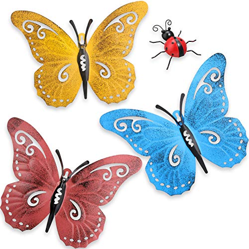 Hotop 4 Piezas Arte de Pared de Mariposa de Metal Decoración de Mariquitas de Jardín de Metal para Pared de Patio Interior Exterior Decoración de Esculturas Colgantes 3 Colores