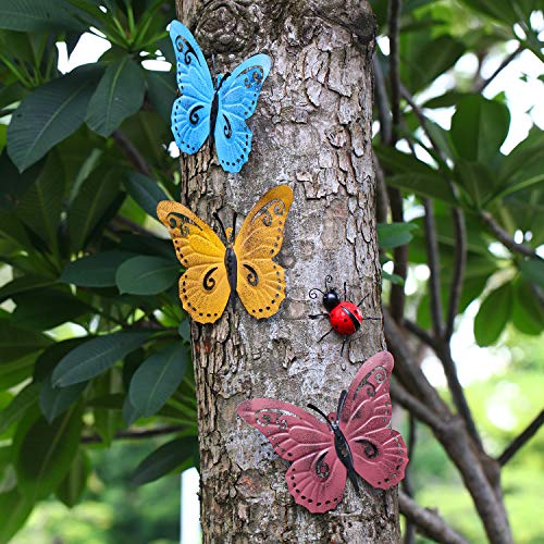 Hotop 4 Piezas Arte de Pared de Mariposa de Metal Decoración de Mariquitas de Jardín de Metal para Pared de Patio Interior Exterior Decoración de Esculturas Colgantes 3 Colores