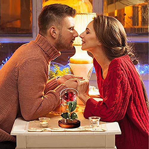 Houkiper Rosa Bella y Bestia Cristal Original, Cúpula de Cristal Rosa 20-LED Luz de Tira, para La Esposa, Novia, Cumpleaños, Día de la Madre, Aniversario de Bodas, Día de San Vale