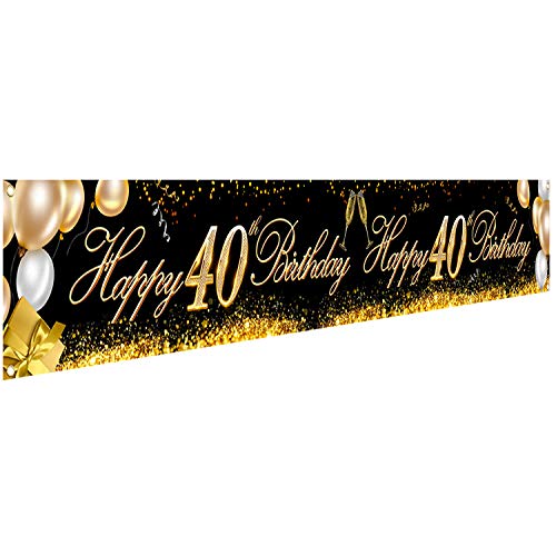 HOWAF Súper Grande Feliz 40 Cumpleaños Pancarta para 40 Años Cumpleaños Decoración Negro y Oro, 40 Cumpleaños Foto Prop Fondo Pancarta de Tela para Jardín Mesa Pared Decoración, 9 * 1.2 Pies