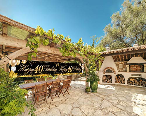 HOWAF Súper Grande Feliz 40 Cumpleaños Pancarta para 40 Años Cumpleaños Decoración Negro y Oro, 40 Cumpleaños Foto Prop Fondo Pancarta de Tela para Jardín Mesa Pared Decoración, 9 * 1.2 Pies