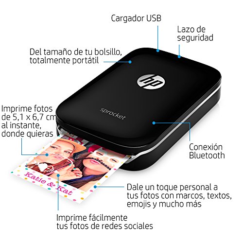 HP Sprocket - Impresora fotográfica portátil (impresión sin tinta, Bluetooth, 5 x 7.6 cm impresiones) color negro