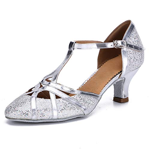 HROYL Zapatos de Baile para Mujer Brillo de Cuero Latino/Chacha/Samba/Moderno/Zapatos de Baile de Jazz Plateado 37 EU