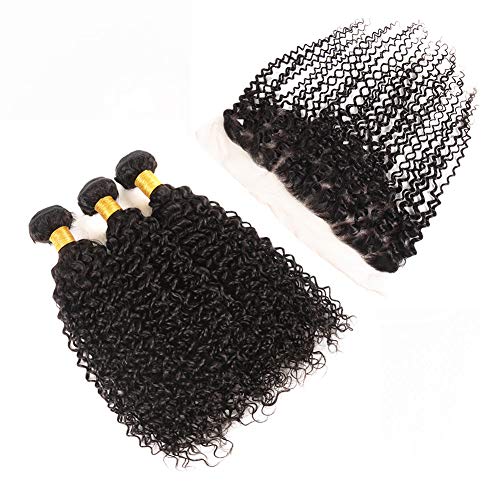 Huarisi Curly Hair Bundles with Frontal Rizadas Brazilian Hair Free Part 4x13 Encaje Cierre Frontal Ear To Ear Closure 3 Paquetes de Pelo 100% Humano Natural Brasileño 16 18 20 + 14 inches