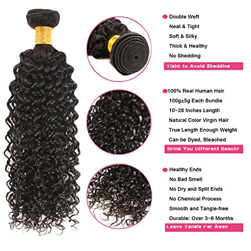 Huarisi Curly Hair Bundles with Frontal Rizadas Brazilian Hair Free Part 4x13 Encaje Cierre Frontal Ear To Ear Closure 3 Paquetes de Pelo 100% Humano Natural Brasileño 16 18 20 + 14 inches