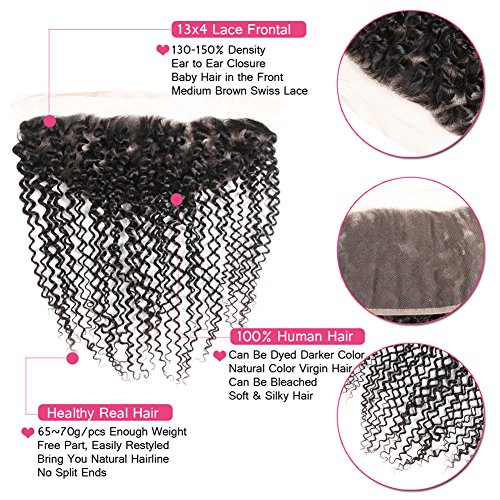 Huarisi Curly Hair Bundles with Frontal Rizadas Brazilian Hair Free Part 4x13 Encaje Cierre Frontal Ear To Ear Closure 3 Paquetes de Pelo 100% Humano Natural Brasileño 16 18 20 + 14 inches