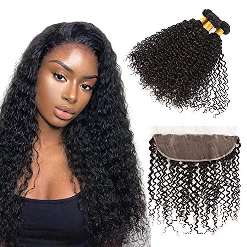 Huarisi Curly Hair Bundles with Frontal Rizadas Brazilian Hair Free Part 4x13 Encaje Cierre Frontal Ear To Ear Closure 3 Paquetes de Pelo 100% Humano Natural Brasileño 16 18 20 + 14 inches