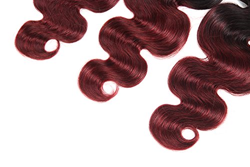Huarisi Ombre Body Wave Bundles 1b/Burg Brazilian Human Hair Extensions Black and Burgundy Hair Weaves 100% Real Hair Short 3 Bundles 12 14 16 Inches 300g a Lot
