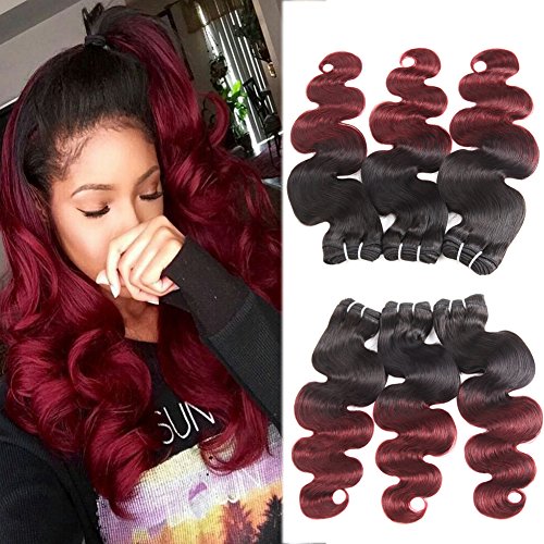 Huarisi Ombre Body Wave Bundles 1b/Burg Brazilian Human Hair Extensions Black and Burgundy Hair Weaves 100% Real Hair Short 3 Bundles 12 14 16 Inches 300g a Lot