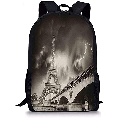 Hui-Shop Mochilas Escolares Torre Eiffel, Tormenta sobre la Torre Eiffel Espectacular Vista del Cielo Nocturno con Destellos de Nubes oscuras iluminadas, Gris