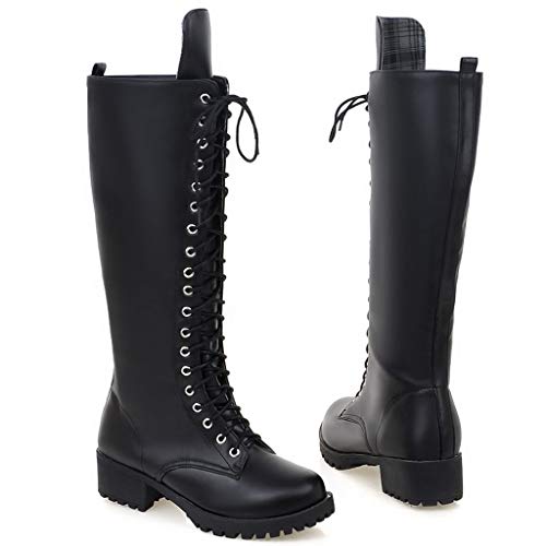 HULKY Botas Altas Mujer Plataforma Zapatos con Cordones con Piel Botas Militares Botas Punk Moto Calzado Casuales Clásicos Otoño Invierno (Negro,35)