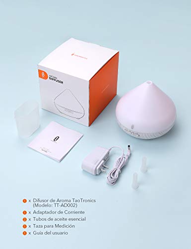 Humidificador Aromaterapia Ultrasónico 300ml TaoTronics, Difusor de Aceites Esenciales, 2019 Nuevo Versión, 7 Colores, Luz Nocturna, Temporizador, Auto-Apagado, Ambientador 2 Modos, Blanco