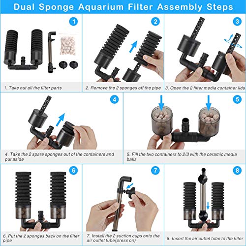 Hygger Filtros para Acuarios, Filtro Bioquímico Esponjas para Acuario con 4 Esponjas y 1 Bolsa de Bola de Cerámica Filtro Interno para Acuario de Agua Dulce y Mar por 38 a 151 litros (S)