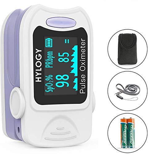 HYLOGY Pulso oxímetro dedo yema oxígeno sangre monitor de saturación con lecturas rápidas y pantalla LED para adultos y niños con pilas y cordón (azul)