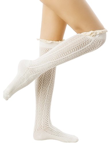 iB-iP Mujer Tejer Los Puños Encaje Estilo Japonés Ojal rodilla Calcetines largos, Tamaño: Un Tamaño, Crema